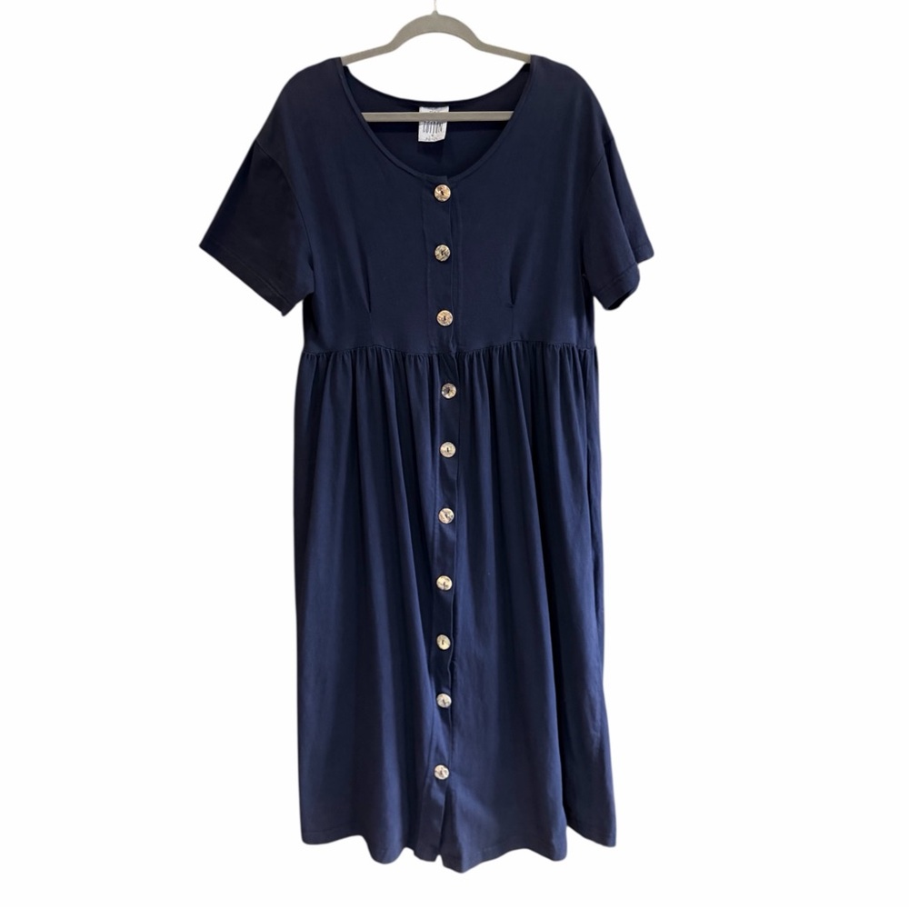 VTG HOT COTTON Empire Waist Button‎ Front Pleated Midi Dress Navy Blue M